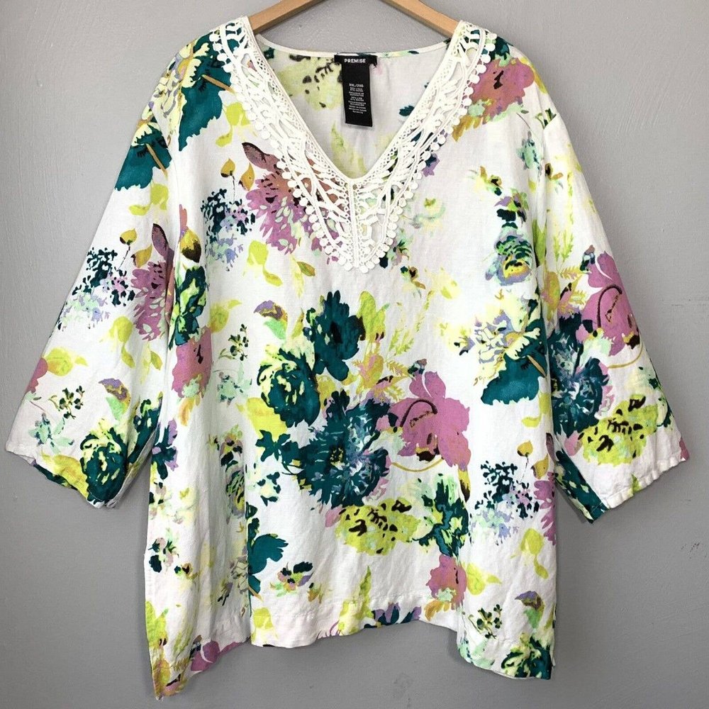 Premise Womens XXL Watercolor Floral Linen Crochet Lace 3/4 Sleeve Tunic Top